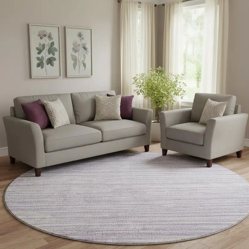 8' Lavender And Ivory Striped Washable Round Rug With UV Protection Photo 1