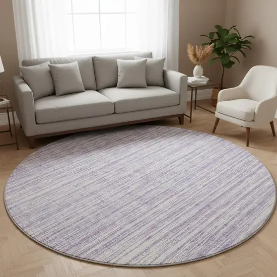 8' Lavender And Ivory Striped Washable Round Rug With UV Protection Photo 2