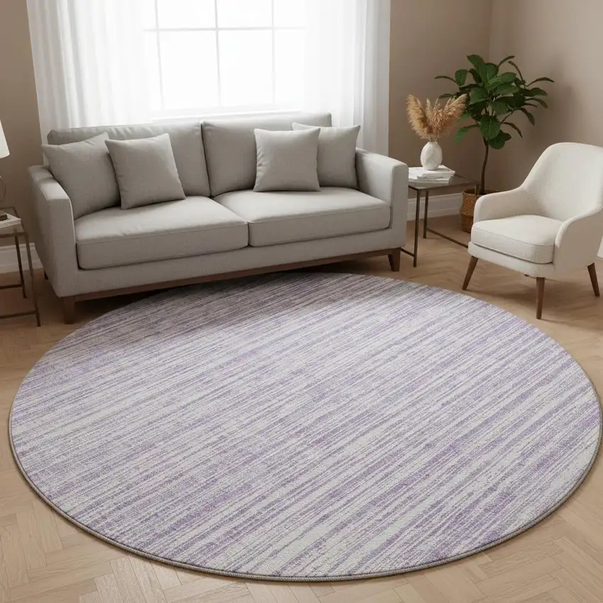 8' Lavender And Ivory Striped Washable Round Rug With UV Protection Photo 2
