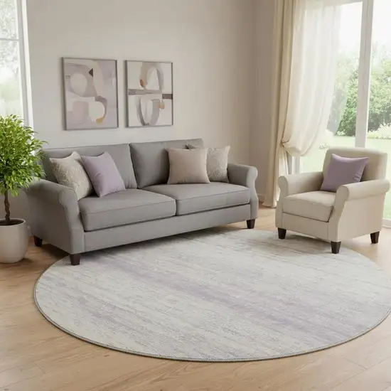 8' Lavender And Ivory Striped Washable Round Rug With UV Protection Photo 1