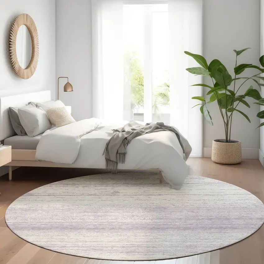 8' Lavender And Ivory Striped Washable Round Rug With UV Protection Photo 5