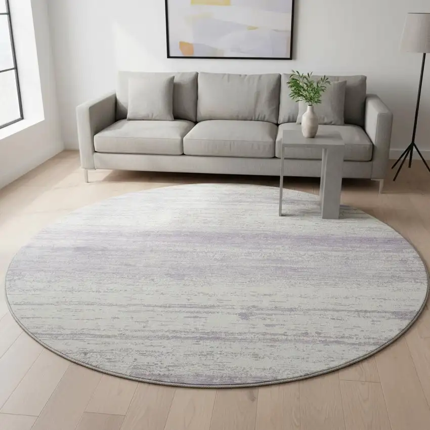 8' Lavender And Ivory Striped Washable Round Rug With UV Protection Photo 2