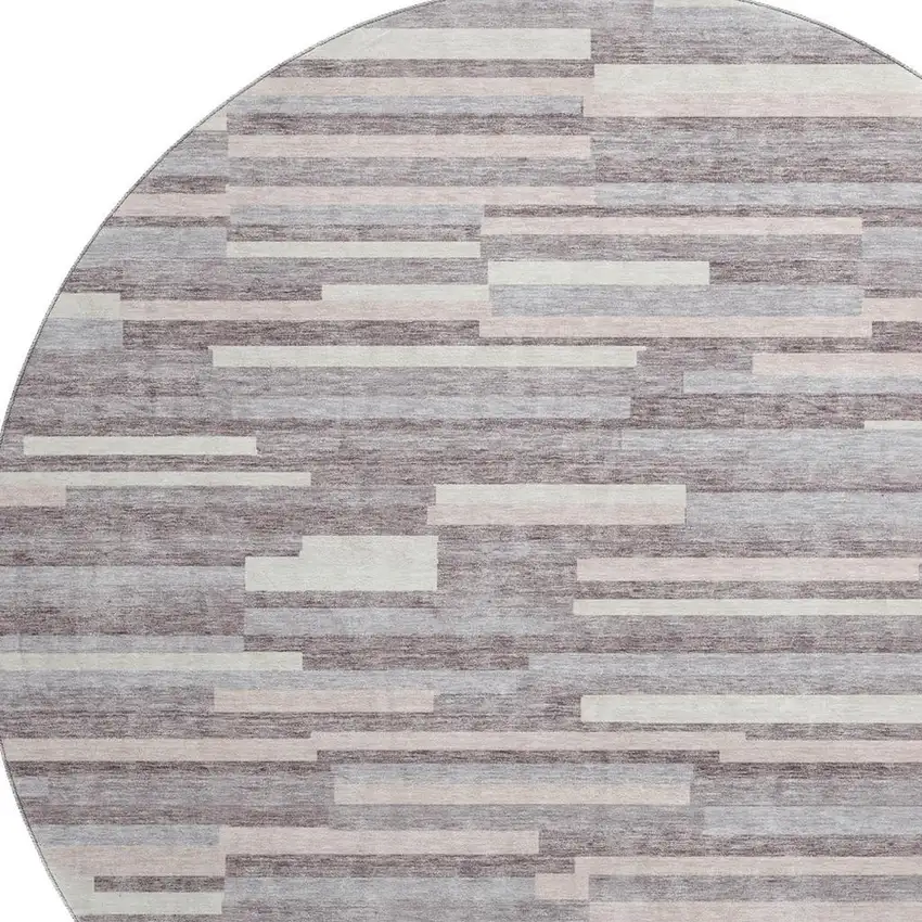 8' Lavender And Ivory Striped Washable Round Rug With UV Protection Photo 3