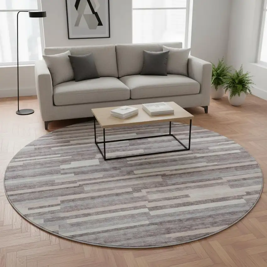8' Lavender And Ivory Striped Washable Round Rug With UV Protection Photo 2