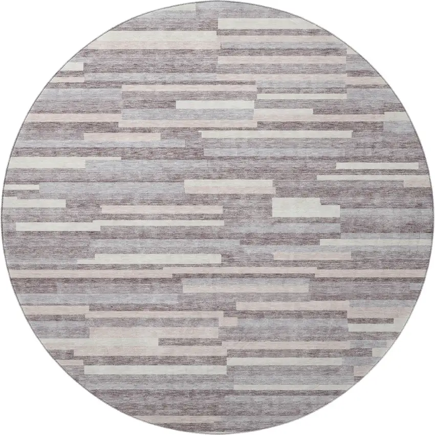 8' Lavender And Ivory Striped Washable Round Rug With UV Protection Photo 4