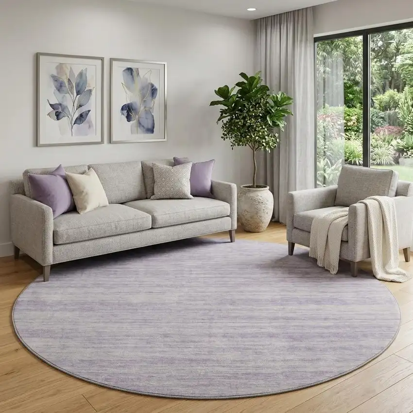 8' Lavender And Ivory Striped Washable Round Rug With UV Protection Photo 1