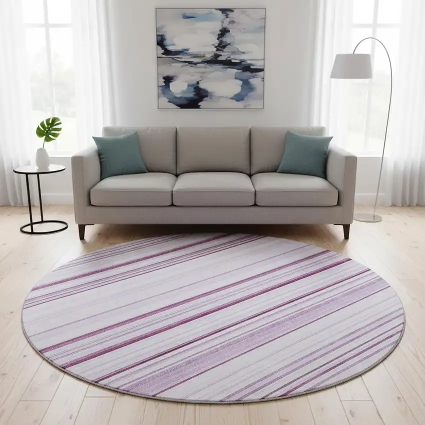 8' Lavender And Ivory Striped Washable Round Rug With UV Protection Photo 2