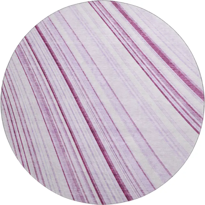 8' Lavender And Ivory Striped Washable Round Rug With UV Protection Photo 1
