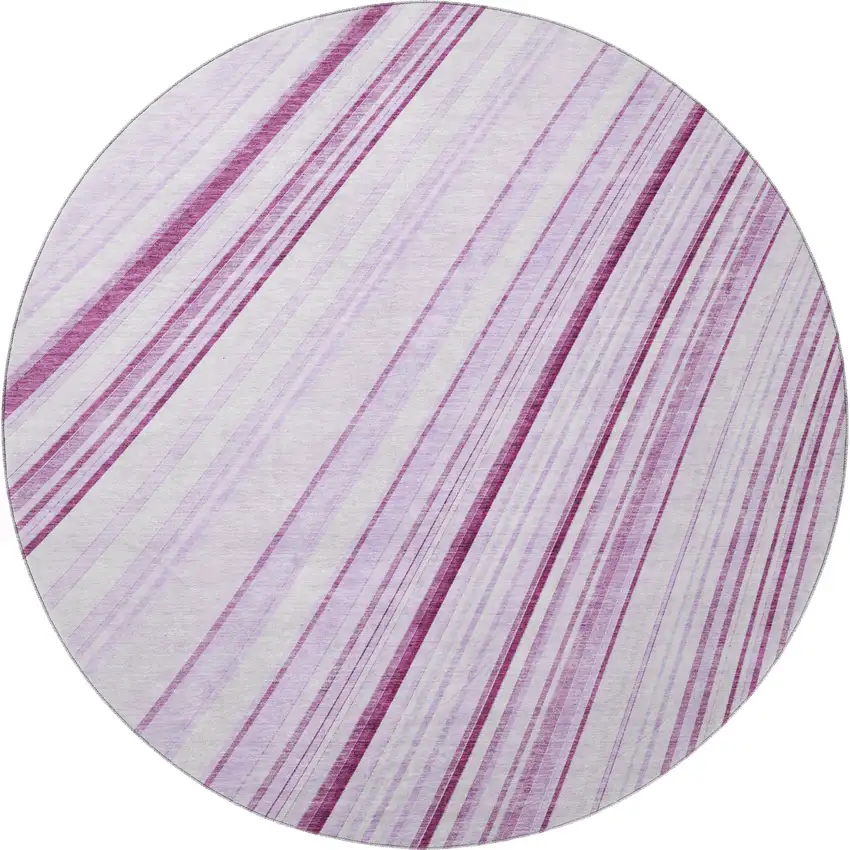 8' Lavender And Ivory Striped Washable Round Rug With UV Protection Photo 3