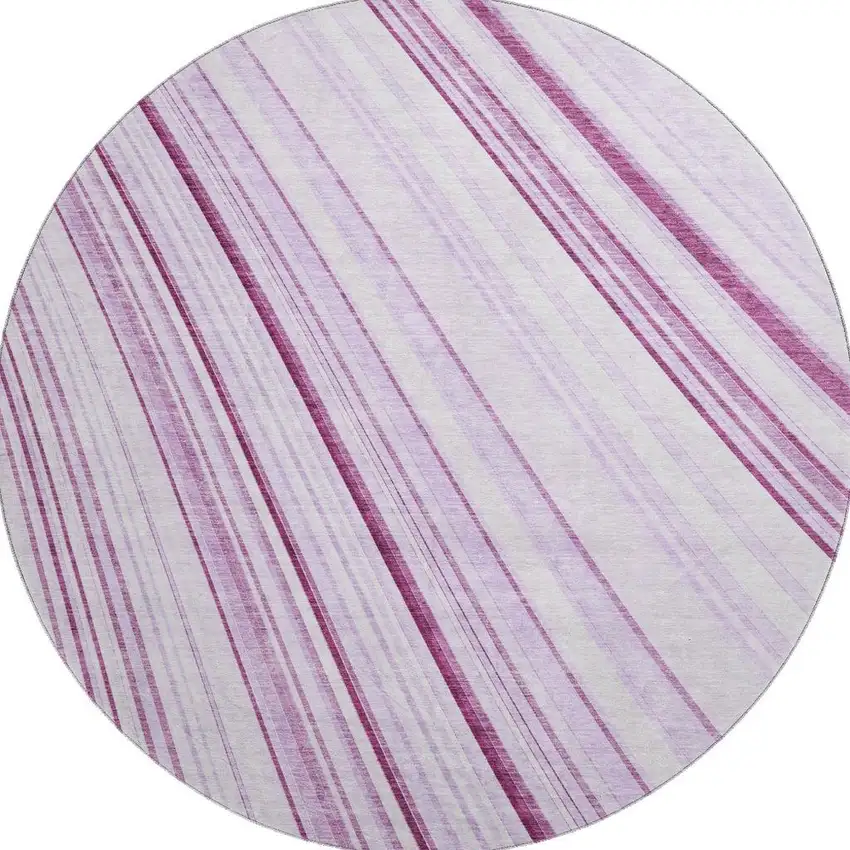 8' Lavender And Ivory Striped Washable Round Rug With UV Protection Photo 2