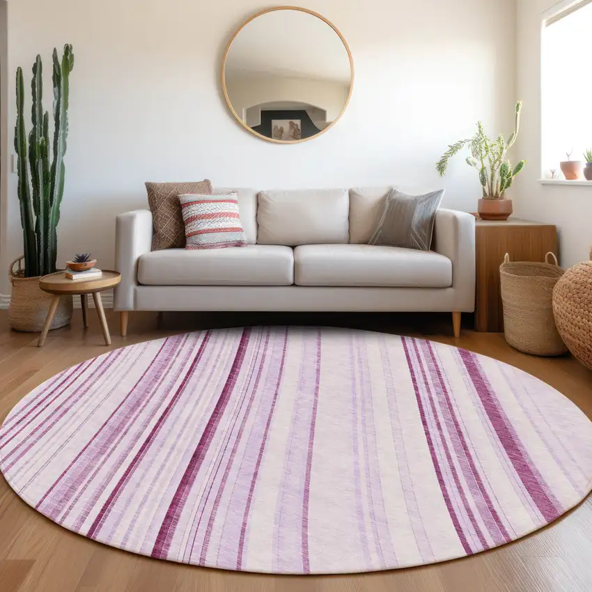8' Lavender And Ivory Striped Washable Round Rug With UV Protection Photo 4