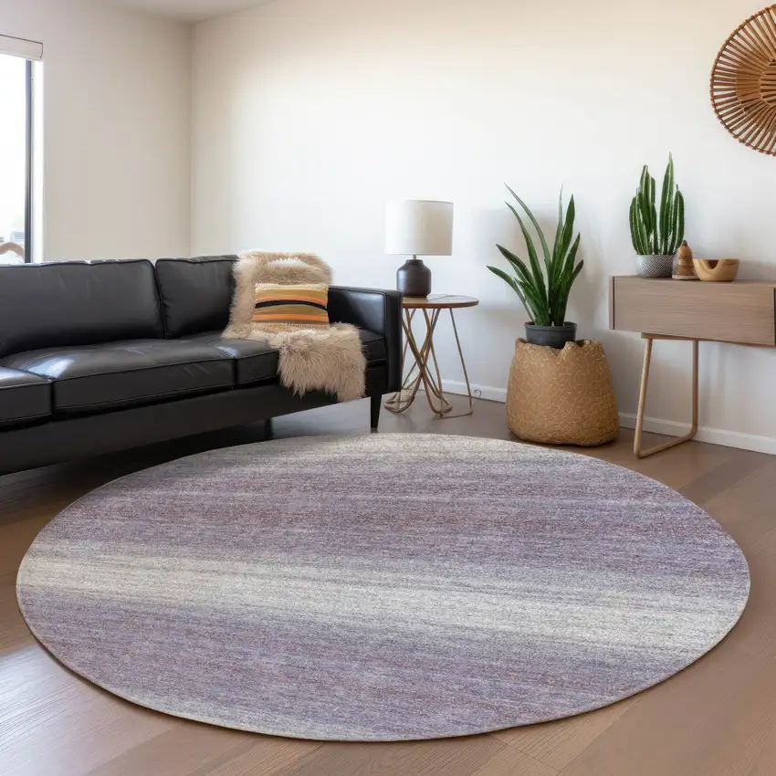 8' Lavender And Ivory Striped Washable Round Rug With UV Protection Photo 4