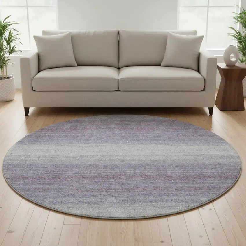 8' Lavender And Ivory Striped Washable Round Rug With UV Protection Photo 2