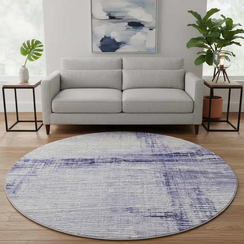 8' Lavender And Ivory Striped Washable Round Rug With UV Protection Photo 2