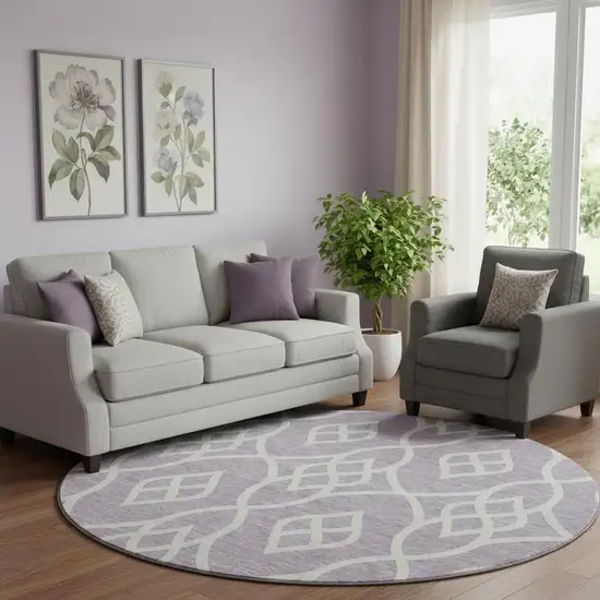 8' Lavender And Ivory Trellis Washable Round Rug With UV Protection Photo 1