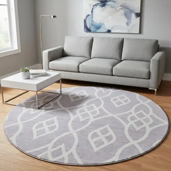 8' Lavender And Ivory Trellis Washable Round Rug With UV Protection Photo 2
