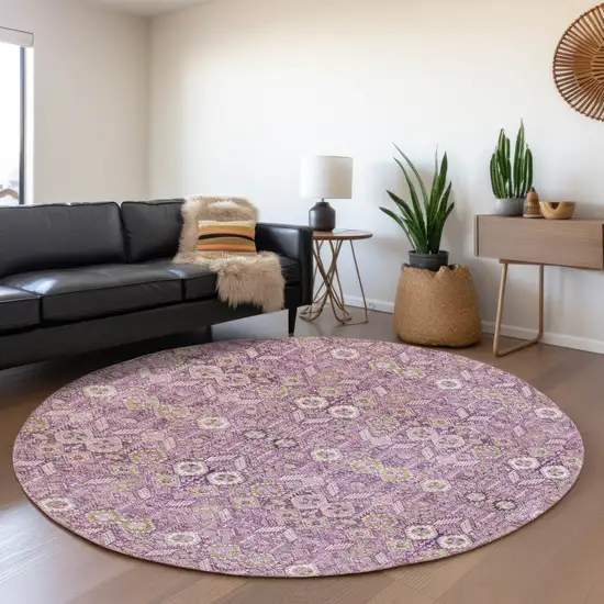 8' Lavender And Ivory Tribal Washable Round Rug With UV Protection Photo 4