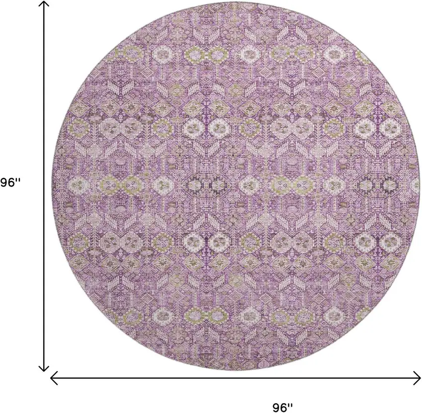8' Lavender And Ivory Tribal Washable Round Rug With UV Protection Photo 9