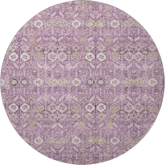 8' Lavender And Ivory Tribal Washable Round Rug With UV Protection Photo 3