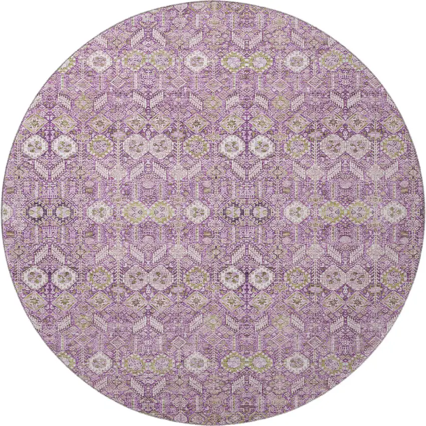 8' Lavender And Ivory Tribal Washable Round Rug With UV Protection Photo 3