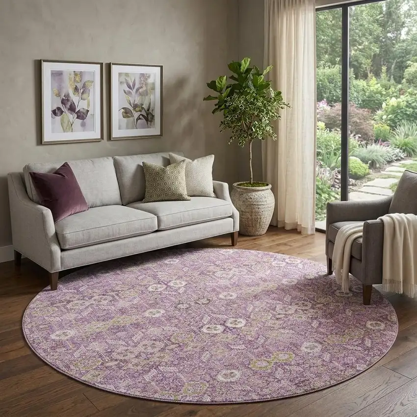 8' Lavender And Ivory Tribal Washable Round Rug With UV Protection Photo 1