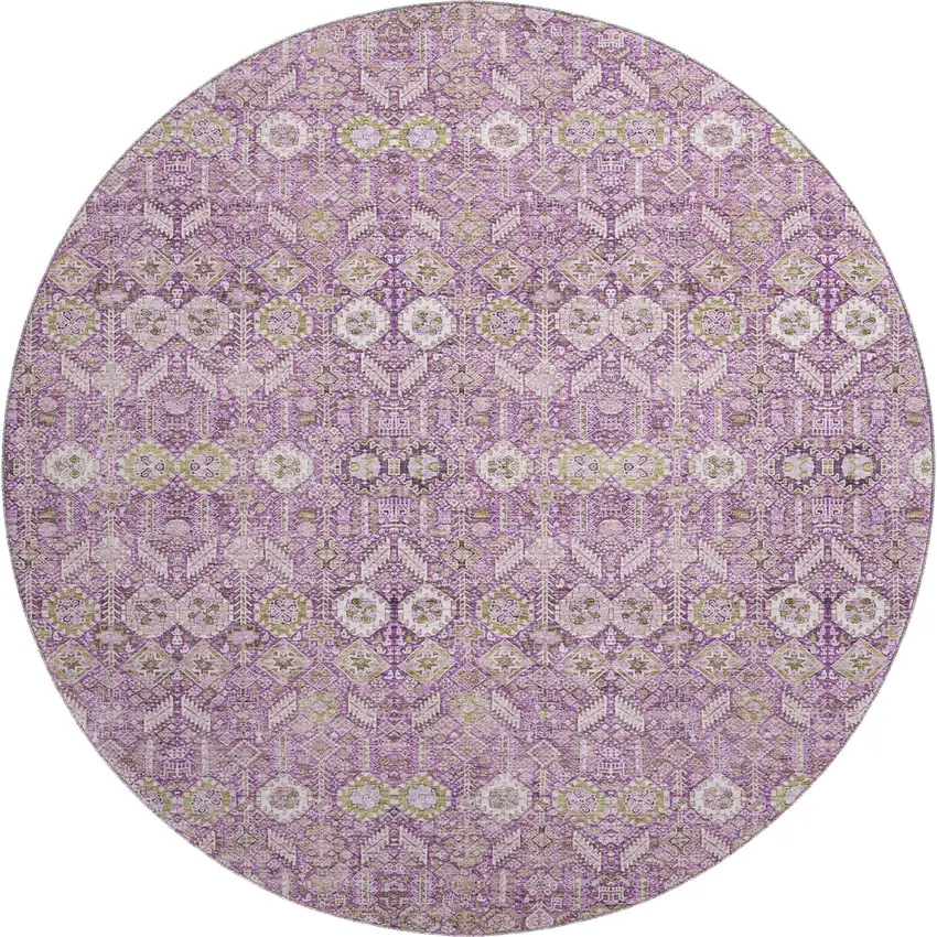 8' Lavender And Ivory Tribal Washable Round Rug With UV Protection Photo 1