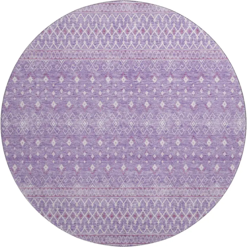 8' Lavender And Ivory Tribal Washable Round Rug With UV Protection Photo 1