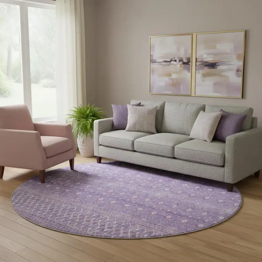 8' Lavender And Ivory Tribal Washable Round Rug With UV Protection Photo 1