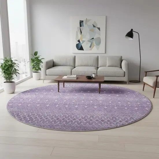 8' Lavender And Ivory Tribal Washable Round Rug With UV Protection Photo 2
