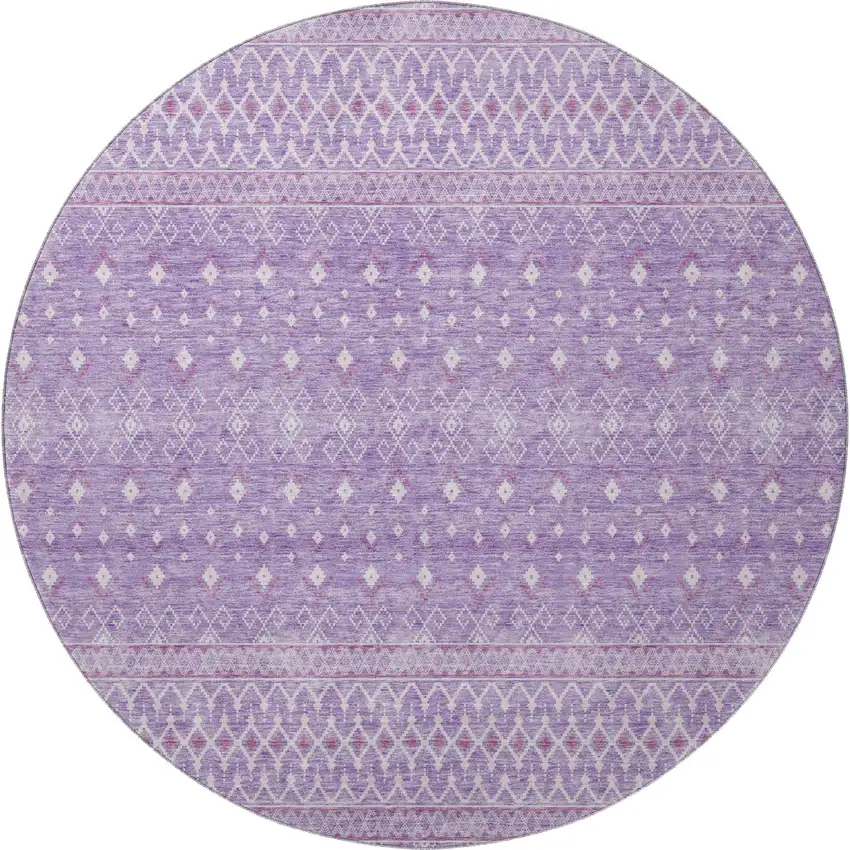 8' Lavender And Ivory Tribal Washable Round Rug With UV Protection Photo 3