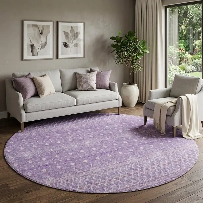 8' Lavender And Ivory Tribal Washable Round Rug With UV Protection Photo 1