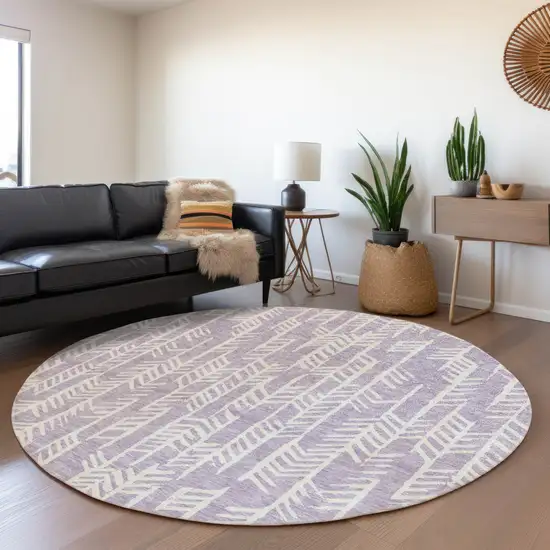 8' Lavender And Ivory Tribal Washable Round Rug With UV Protection Photo 5