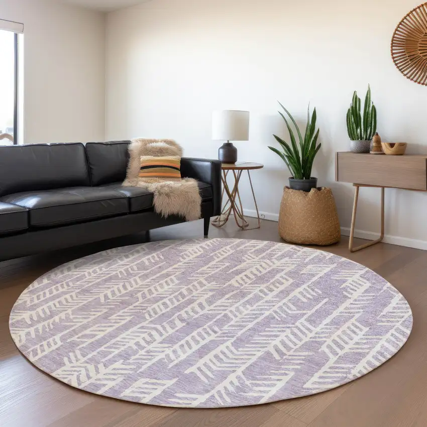 8' Lavender And Ivory Tribal Washable Round Rug With UV Protection Photo 5