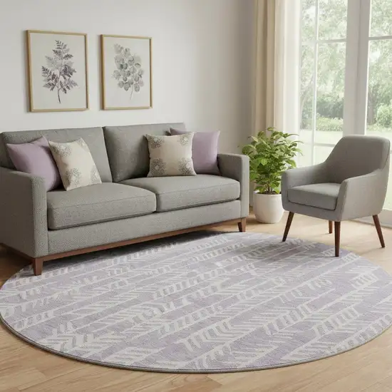 8' Lavender And Ivory Tribal Washable Round Rug With UV Protection Photo 1