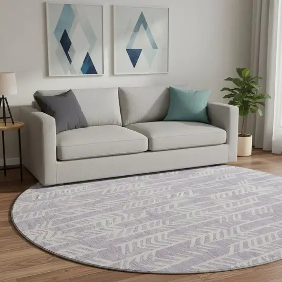 8' Lavender And Ivory Tribal Washable Round Rug With UV Protection Photo 2