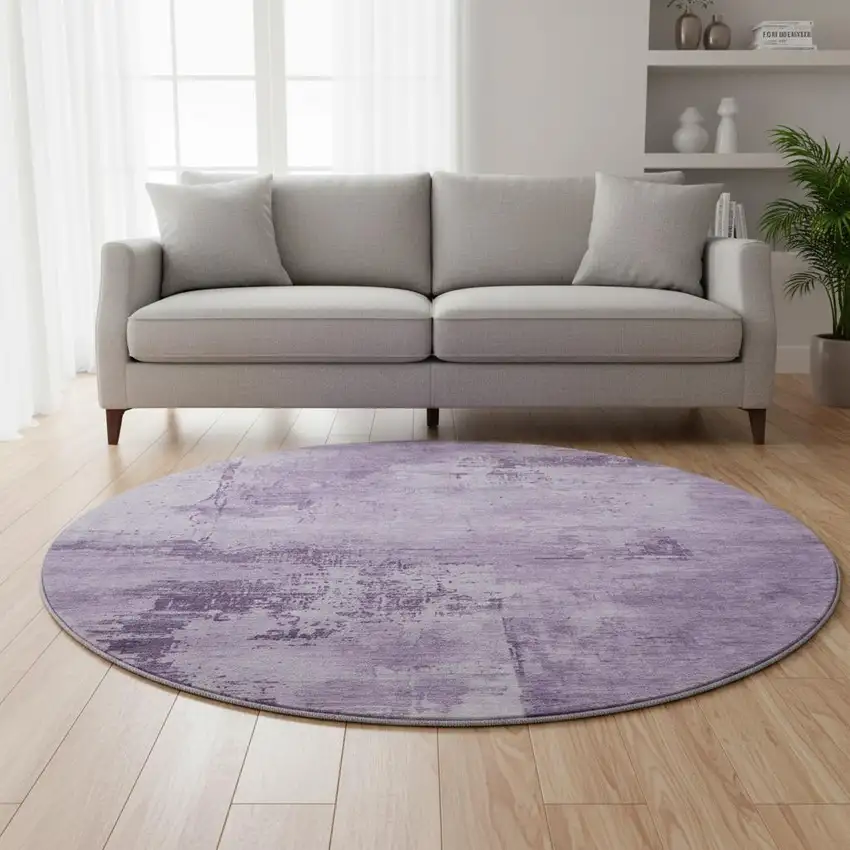 8' Lavender And Lilac Abstract Washable Round Rug With UV Protection Photo 2
