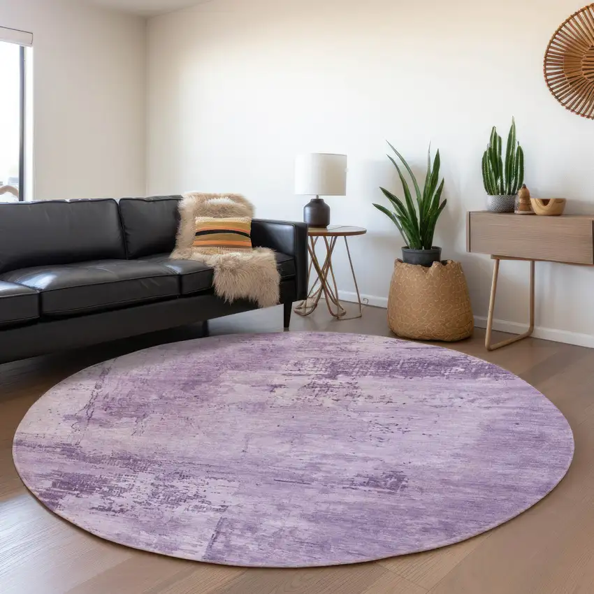 8' Lavender And Lilac Abstract Washable Round Rug With UV Protection Photo 4