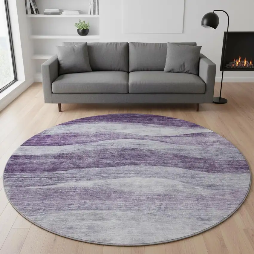8' Lavender And Lilac Abstract Washable Round Rug With UV Protection Photo 2
