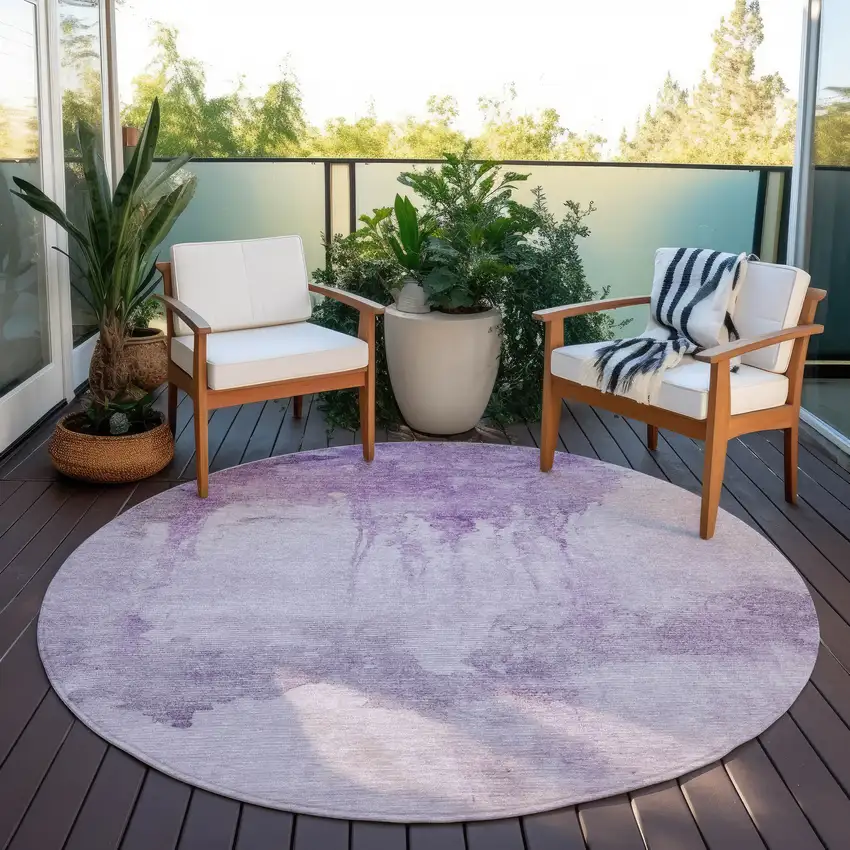 8' Lavender And Lilac Round Abstract Washable Indoor Outdoor Area Rug Photo 5