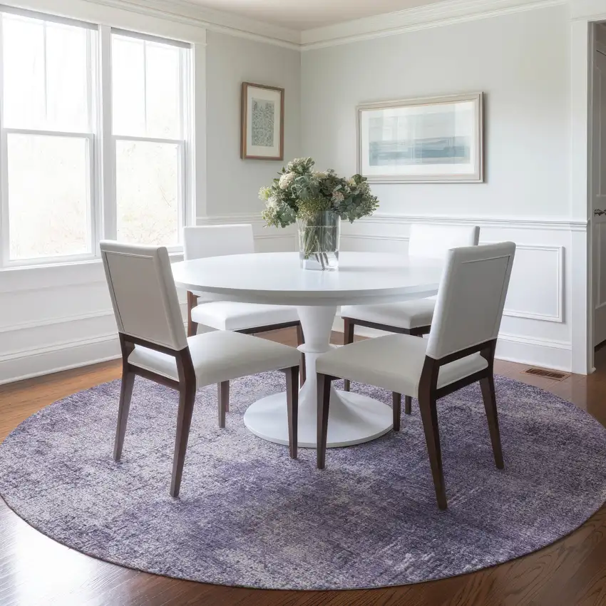 8' Lavender And Lilac Round Abstract Washable Indoor Outdoor Area Rug Photo 6