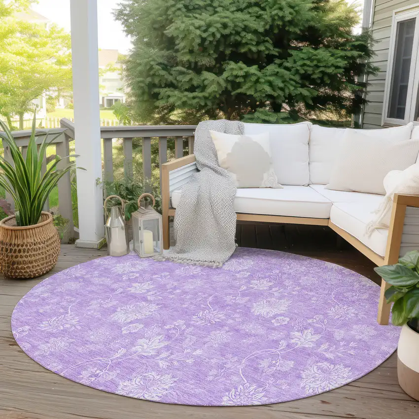 8' Lavender And Lilac Round Floral Washable Indoor Outdoor Area Rug Photo 6