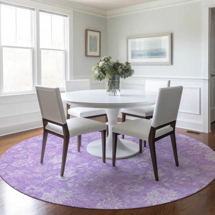 8' Lavender And Lilac Round Floral Washable Indoor Outdoor Area Rug Photo 7