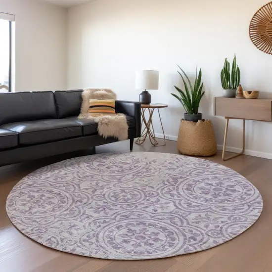 8' Lavender And Lilac Round Medallion Washable Indoor Outdoor Area Rug Photo 5
