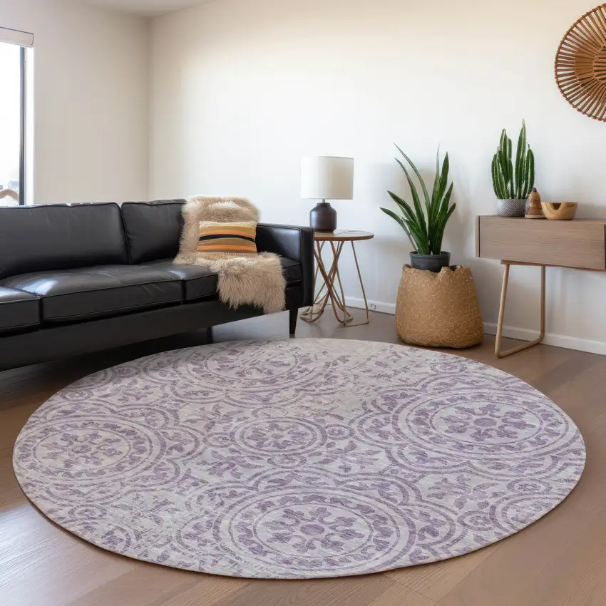 8' Lavender And Lilac Round Medallion Washable Indoor Outdoor Area Rug Photo 5