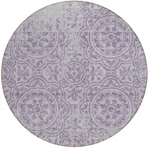 Photo of 8' Lavender And Lilac Round Medallion Washable Indoor Outdoor Area Rug