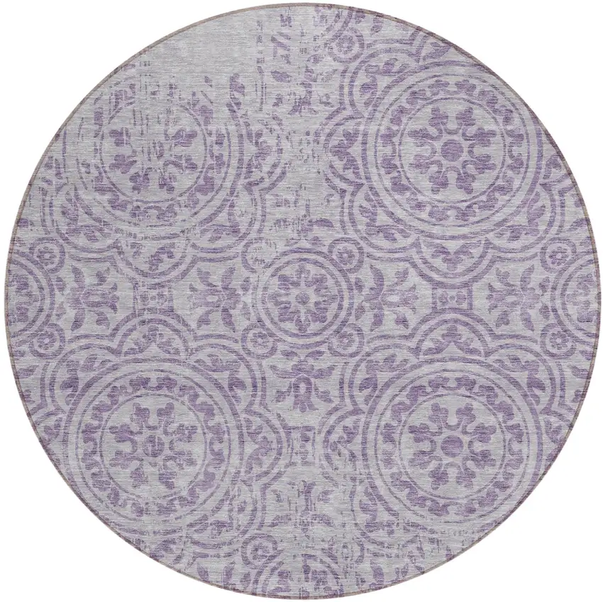 8' Lavender And Lilac Round Medallion Washable Indoor Outdoor Area Rug Photo 1