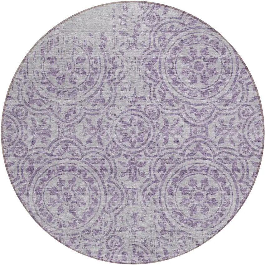 8' Lavender And Lilac Round Medallion Washable Indoor Outdoor Area Rug Photo 1