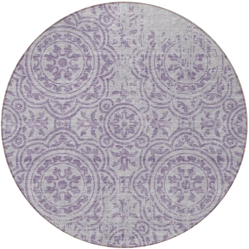 8' Lavender And Lilac Round Medallion Washable Indoor Outdoor Area Rug Photo 3