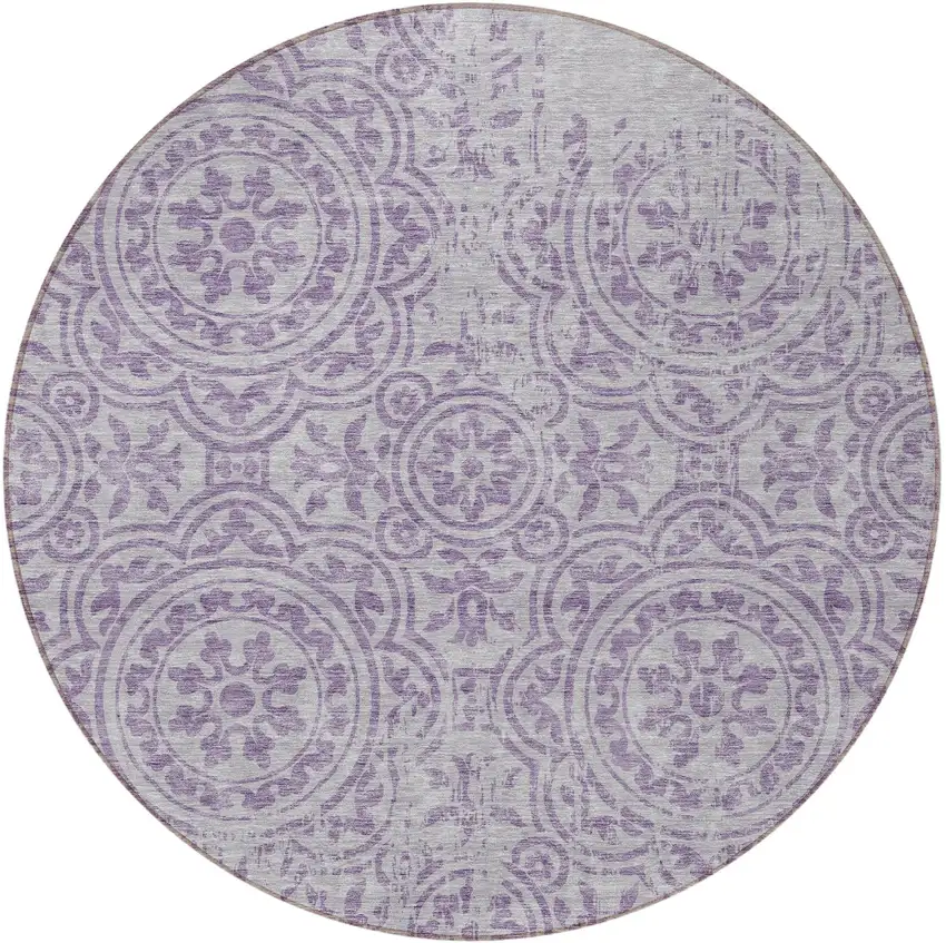 8' Lavender And Lilac Round Medallion Washable Indoor Outdoor Area Rug Photo 3