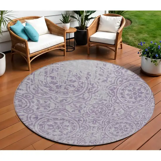 8' Lavender And Lilac Round Medallion Washable Indoor Outdoor Area Rug Photo 1